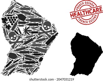 Vector narcotic collage map of French Guiana. Rubber health care round red seal. Concept for narcotic addiction and health care projects. Map of French Guiana is composed with inoculation syringes,