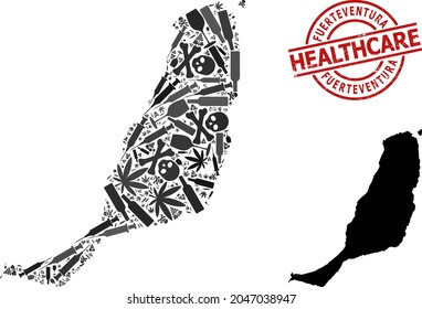 Vector narcotic collage map of Fuerteventura Island. Scratched healthcare round red stamp. Concept for narcotic addiction and healthcare agitation.