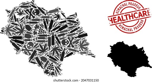 Vector narcotic collage map of Himachal Pradesh State. Grunge healthcare round red seal stamp. Template for narcotic addiction and healthcare applications.