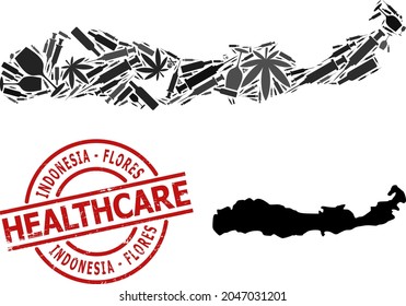 Vector narcotic collage map of Indonesia - Flores Island. Rubber healthcare round red rubber imitation. Template for narcotic addiction and healthcare doctrines.