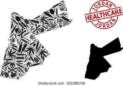 Vector narcotic collage map of Jordan. Grunge health care round red imprint. Concept for narcotic addiction and health care applications. Map of Jordan is made from injection needles, danger,