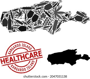 Vector narcotic collage map of Kangaroo Island. Grunge health care round red stamp. Concept for narcotic addiction and health care promotion.