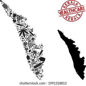 Vector narcotic collage map of Kerala State. Scratched healthcare round red watermark. Template for narcotic addiction and safety agitation. Map of Kerala State is designed with injection needles,