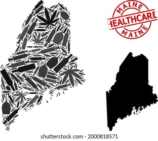 Vector narcotic collage map of Maine State. Grunge healthcare round red imprint. Concept for narcotic addiction and safety posters. Map of Maine State is constructed from injection syringes, skull,