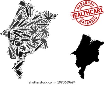 Vector narcotic collage map of Maranhao State. Rubber healthcare round red rubber imitation. Concept for narcotic addiction and health care proclamations.