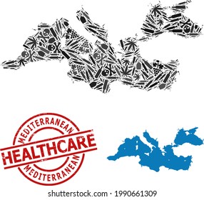 Mapa vectorial de colaje de narcóticos del Mar Mediterráneo. Atención de salud de goma con huella roja redonda. Plantilla para la adicción a los narcóticos y las proclamas de medicina.