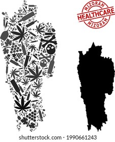 Mapa vectorial de colaje de narcóticos del estado de Mizoram. Sello rojo redondo de caucho. Concepto de adicción a los narcóticos y proclamas de medicina. Mapa del estado de Mizoram está organizado a partir de jeringas de inoculación,