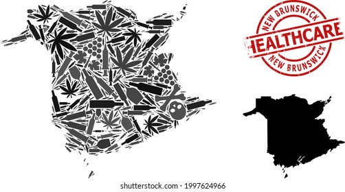 Vector narcotic collage map of New Brunswick Province. Rubber health care round red stamp. Concept for narcotic addiction and healthcare promotion.