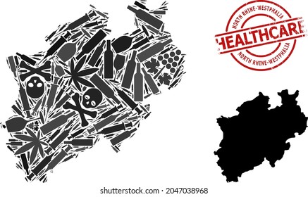 Vector narcotic collage map of North Rhine-Westphalia State. Rubber healthcare round red seal stamp. Concept for narcotic addiction and drugs projects.