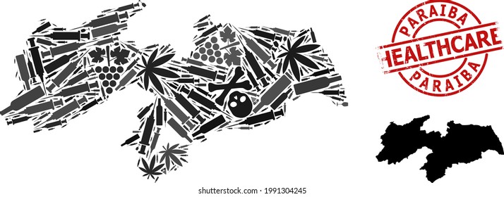 Vector narcotic collage map of Paraiba State. Grunge healthcare round red seal. Concept for narcotic addiction and medicine applications. Map of Paraiba State is formed from injection needles, danger,