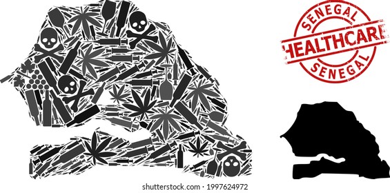 Vector narcotic collage map of Senegal. Rubber healthcare round red rubber imitation. Template for narcotic addiction and healthcare agitation. Map of Senegal is created of inoculation syringes,