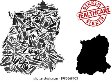 Vector narcotic collage map of Sikkim State. Grunge health care round red seal stamp. Concept for narcotic addiction and health care propaganda. Map of Sikkim State is shaped from inoculation needles,
