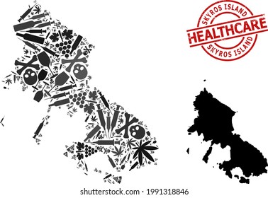 Vector narcotic collage map of Skyros Island. Rubber healthcare round red rubber imitation. Concept for narcotic addiction and drugs proclamations.