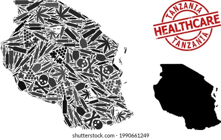 Vector narcotic collage map of Tanzania. Grunge health care round red seal stamp. Concept for narcotic addiction and medical promotion. Map of Tanzania is done of inoculation needles, poison,