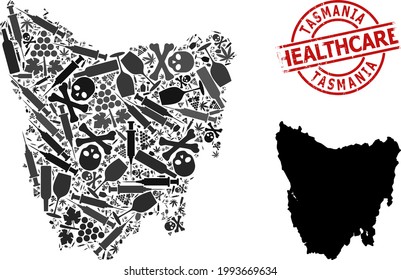 Vector narcotic collage map of Tasmania Island. Scratched health care round red watermark. Concept for narcotic addiction and health care agitprop.
