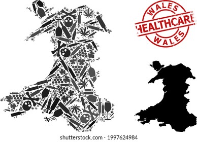 Vector narcotic collage map of Wales. Scratched healthcare round red rubber imitation. Concept for narcotic addiction and healthcare propaganda. Map of Wales is constructed from inoculation needles,