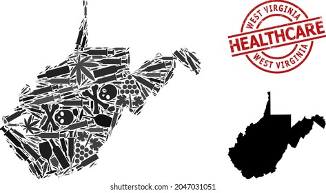 Vector narcotic collage map of West Virginia State. Rubber health care round red imprint. Concept for narcotic addiction and medicine agitation.