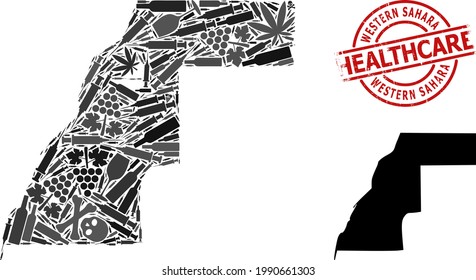 Vector narcotic collage map of Western Sahara. Scratched health care round red watermark. Template for narcotic addiction and healthcare purposes.