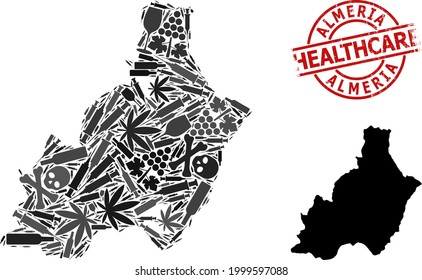 Vector narcotic composition map of Almeria Province. Rubber health care round red seal. Concept for narcotic addiction and drugs projects. Map of Almeria Province is made from inoculation needles,