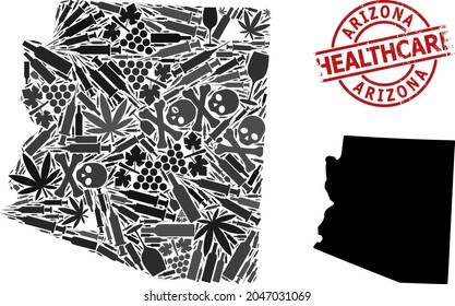 Vector narcotic composition map of Arizona State. Rubber health care round red badge. Concept for narcotic addiction and health care proclamations.