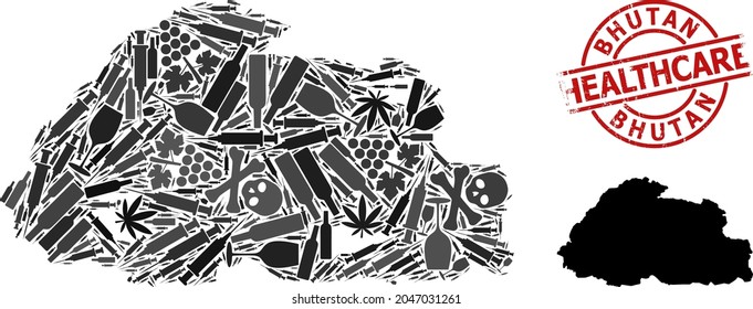 Vector narcotic composition map of Bhutan. Grunge health care round red seal. Concept for narcotic addiction and health care promotion. Map of Bhutan is created from inoculation syringes, mortal,