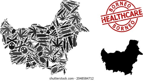 Vector narcotic composition map of Borneo Island. Grunge health care round red badge. Template for narcotic addiction and health care purposes. Map of Borneo Island is made of inoculation needles,