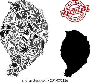 Vector narcotic composition map of Corvo Island. Scratched health care round red seal. Template for narcotic addiction and health care promotion.