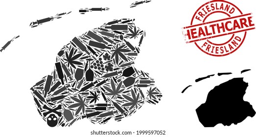 Vector narcotic composition map of Friesland Province. Scratched health care round red rubber imitation. Template for narcotic addiction and health care projects.