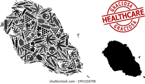 Vector narcotic composition map of Graciosa Island. Scratched health care round red badge. Concept for narcotic addiction and medicine agitprop. Map of Graciosa Island is done with injection needles,