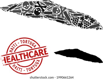 Mapa de composición de vectores de narcóticos de la isla de Haití Tortuga. Medicina de caucho alrededor de la imitación de caucho rojo. Plantilla para drogadicción y agitación sanitaria.