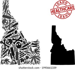 Vektorgrafik-Kompositionskarte des Staates Idaho. Rund um das rote Wasserzeichen ist die Gesundheitsversorgung gekrönt. Vorlage für Suchtstoffabhängigkeit und Anwendungen im Gesundheitswesen.