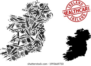 Vector narcotic composition map of Ireland Island. Rubber health care round red badge. Concept for narcotic addiction and health care purposes.