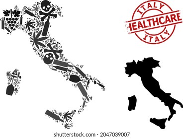 Vector narcotic composition map of Italy. Scratched healthcare round red watermark. Concept for narcotic addiction and healthcare promotion. Map of Italy is constructed from inoculation syringes,