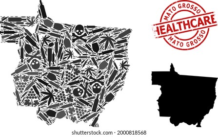 Vector narcotic composition map of Mato Grosso State. Rubber health care round red rubber imitation. Template for narcotic addiction and health care propaganda.