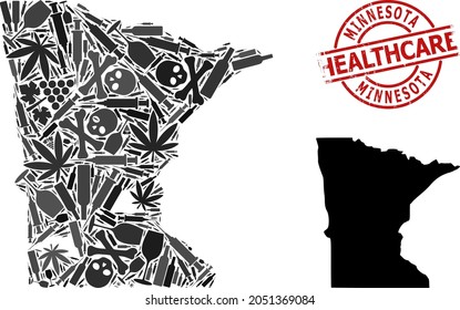 Vector narcotic composition map of Minnesota State. Rubber health care round red imprint. Concept for narcotic addiction and health care agitprop. Map of Minnesota State is done of injection syringes,