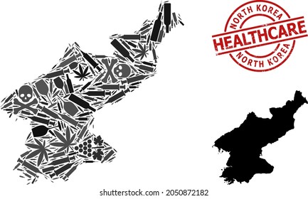 Vector narcotic composition map of North Korea. Rubber health care round red stamp. Concept for narcotic addiction and medicine promotion. Map of North Korea is shaped with inoculation syringes,