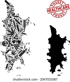 Vector narcotic composition map of Phuket. Rubber health care round red rubber imitation. Concept for narcotic addiction and health care posters. Map of Phuket is formed of inoculation needles,