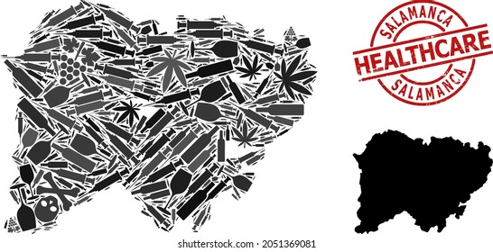 Vector narcotic composition map of Salamanca Province. Rubber health care round red seal. Concept for narcotic addiction and health care promotion.