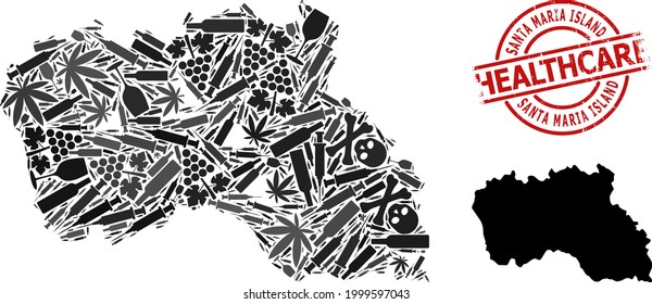 Vector narcotic composition map of Santa Maria Island. Scratched health care round red imprint. Concept for narcotic addiction and health care doctrines.