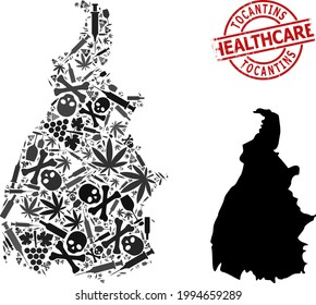 Vector narcotic composition map of Tocantins State. Rubber healthcare round red seal. Template for narcotic addiction and healthcare purposes. Map of Tocantins State is done with inoculation needles,