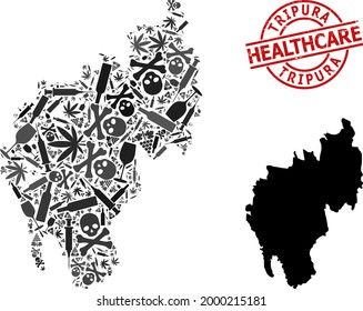 Vector narcotic composition map of Tripura State. Grunge health care round red rubber imitation. Template for narcotic addiction and health care agitprop.