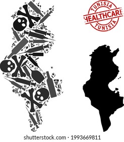 Vector narcotic composition map of Tunisia. Grunge health care round red stamp. Concept for narcotic addiction and health care agitation. Map of Tunisia is done of inoculation syringes, death, abuse,