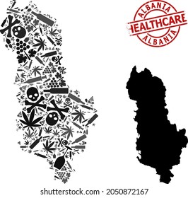 Vector narcotic mosaic map of Albania. Grunge health care round red imprint. Template for narcotic addiction and health care doctrines. Map of Albania is designed from inoculation needles, mortal,