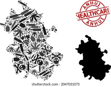 Vector narcotic mosaic map of Anhui Province. Rubber health care round red seal. Template for narcotic addiction and medicine promotion. Map of Anhui Province is made with inoculation needles, danger,