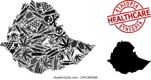 Vector narcotic mosaic map of Ethiopia. Scratched healthcare round red badge. Template for narcotic addiction and medicine posters. Map of Ethiopia is composed of injection needles, toxin, medicine,