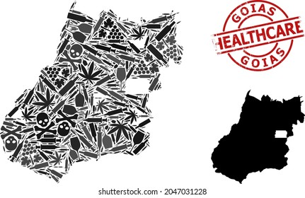 Mapa vectorial del mosaico narcótico del estado de Goias. Humedezca la huella roja de la atención de salud. Concepto de adicción a los narcóticos y medicina agitprop. Mapa del estado de Goias construido con jeringas de inoculación,