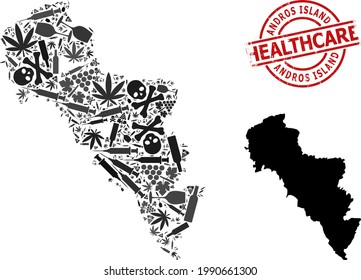 Vector narcotic mosaic map of Greece - Andros Island. Rubber healthcare round red seal. Template for narcotic addiction and medicine purposes.