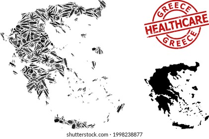 Vektor Narkotic Mosaik Karte von Griechenland. Gesundheitsfürsorge aus Kautschuk rund um den roten Siegel. Vorlage für Anwendungen im Bereich Suchtstoffe und Gesundheitsversorgung. Karte Griechenlands wird mit Injektionsnadeln, tödlich,