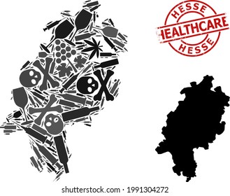 Vektor-Suchtmosaikkarte des Hessischen Staates. Gesundheitsfürsorge aus Gummi um rotes Abzeichen. Vorlage für Suchtstoffe und Gesundheitsdoktrinen. Die Karte Hesse State ist aus Inokulationsspritzen, giftigen,