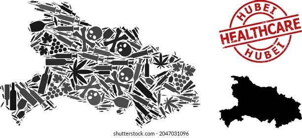 Vector narcotic mosaic map of Hubei Province. Rubber health care round red seal. Concept for narcotic addiction and healthcare projects. Map of Hubei Province is shaped from inoculation needles,